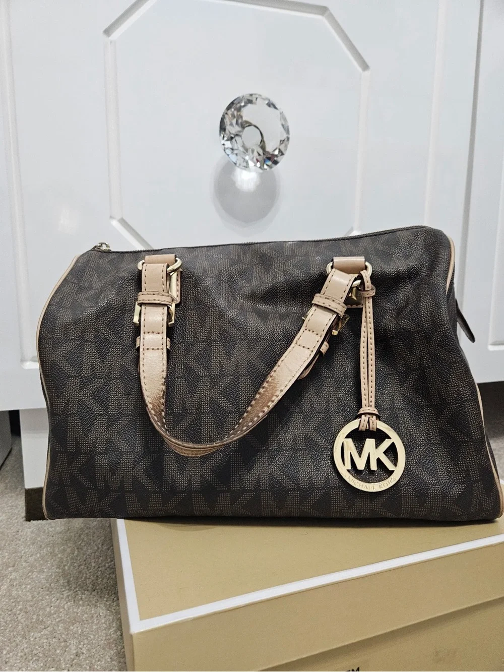 Michael Kors Brown Monogram Satchel with Beige Trim